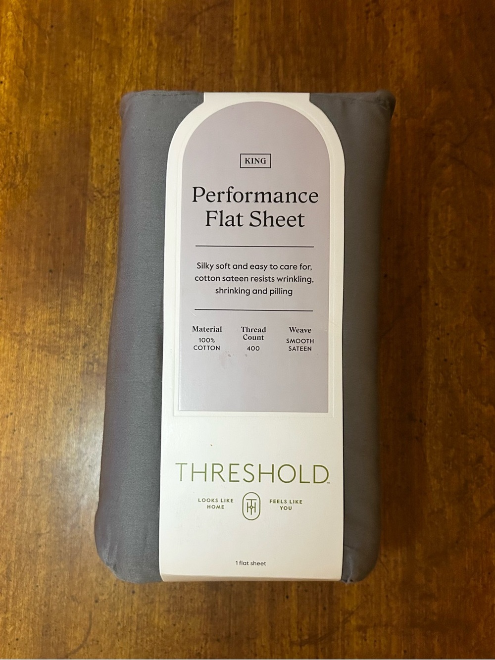 Threshold - 400 Thread Count Performance Flat Sheet, Gray King Size (NWT)